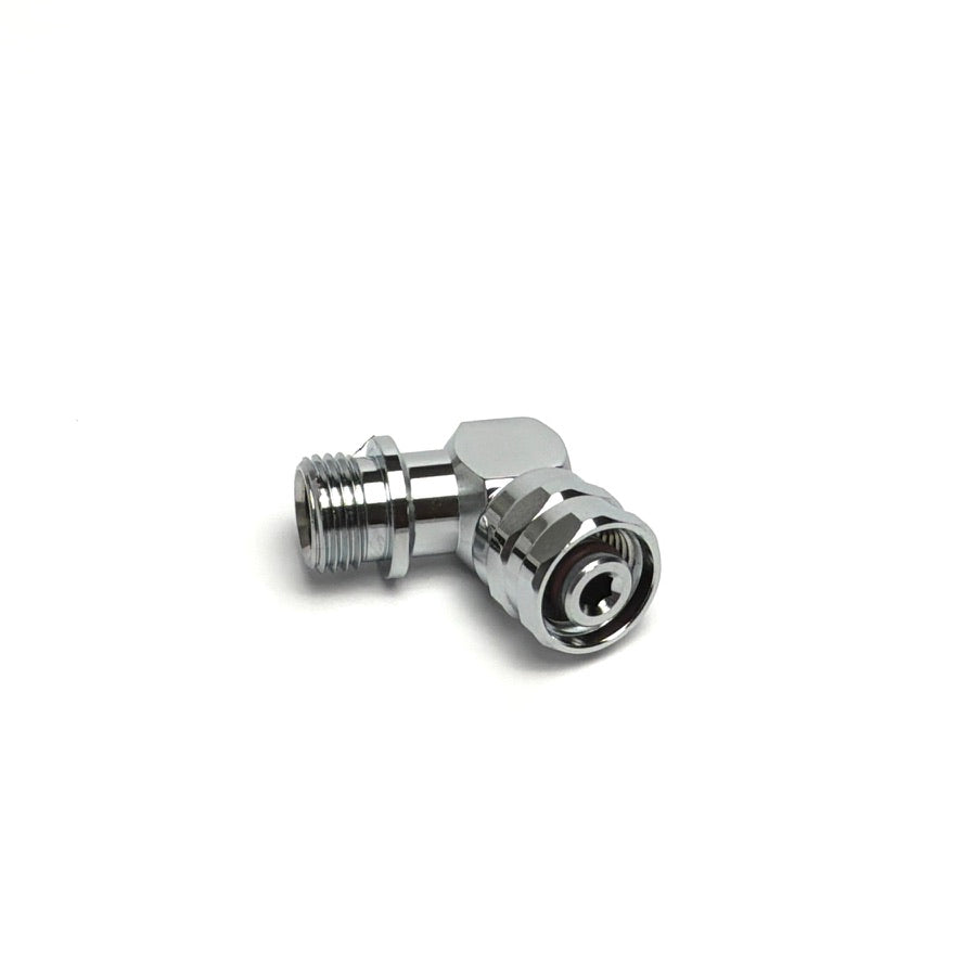 Fixed 110-degree LP hose-end adapter in 9/16"-18M × 9/16"-18F
