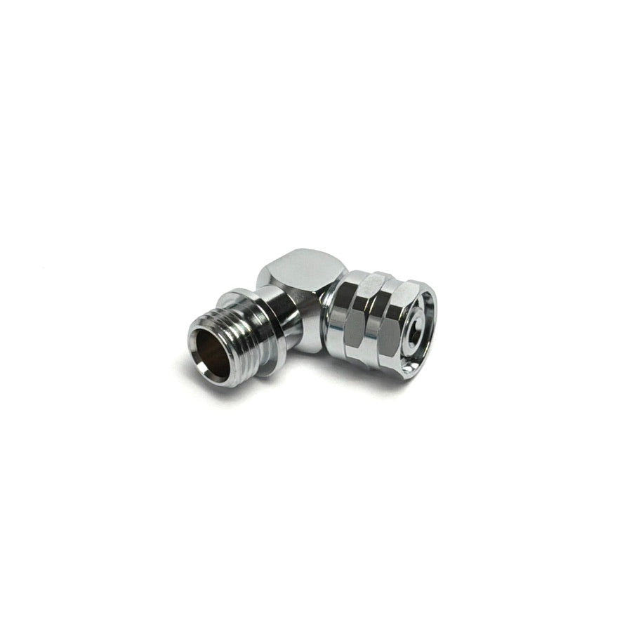 Fixed 110-degree LP hose-end adapter in 9/16"-18M × 9/16"-18F