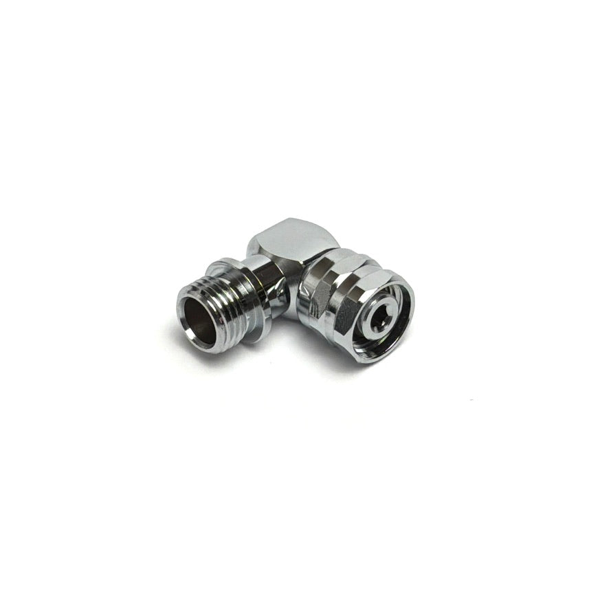 Fixed 90-degree LP hose-end adapter in 9/16"-18M × 9/16"-18F