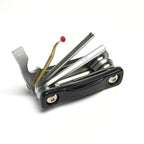 Compact scuba multi-tool with hex wrenches, Schrader tool, and bronze O-ring pick