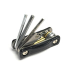 Compact scuba multi-tool with hex wrenches, Schrader tool, and bronze O-ring pick