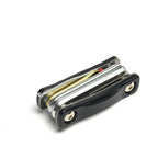 Compact scuba multi-tool with hex wrenches, Schrader tool, and bronze O-ring pick